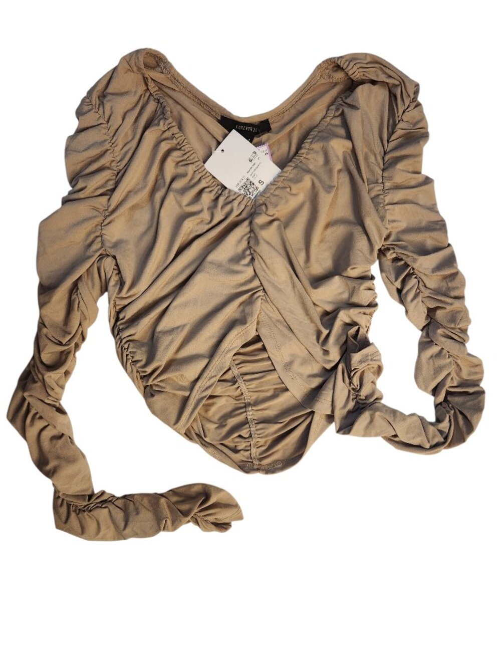 NWT Forever 21 Top Grey Size S Ruched Long Sleeve Pullover Scrunch